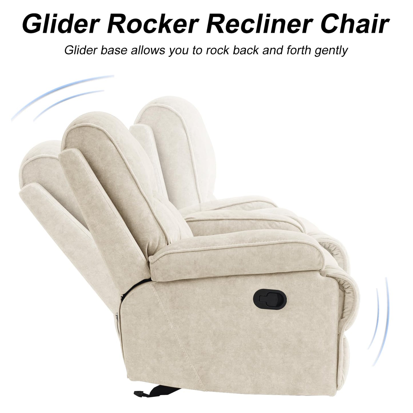 KeyEnergy Rocker Recliner Chair for Adults, Manual Glider Chair for Nursery, Reclining Single Sofa Chair for Living Room, Upholstered Fabric Armchair, High Back, Deep Seat, Beige