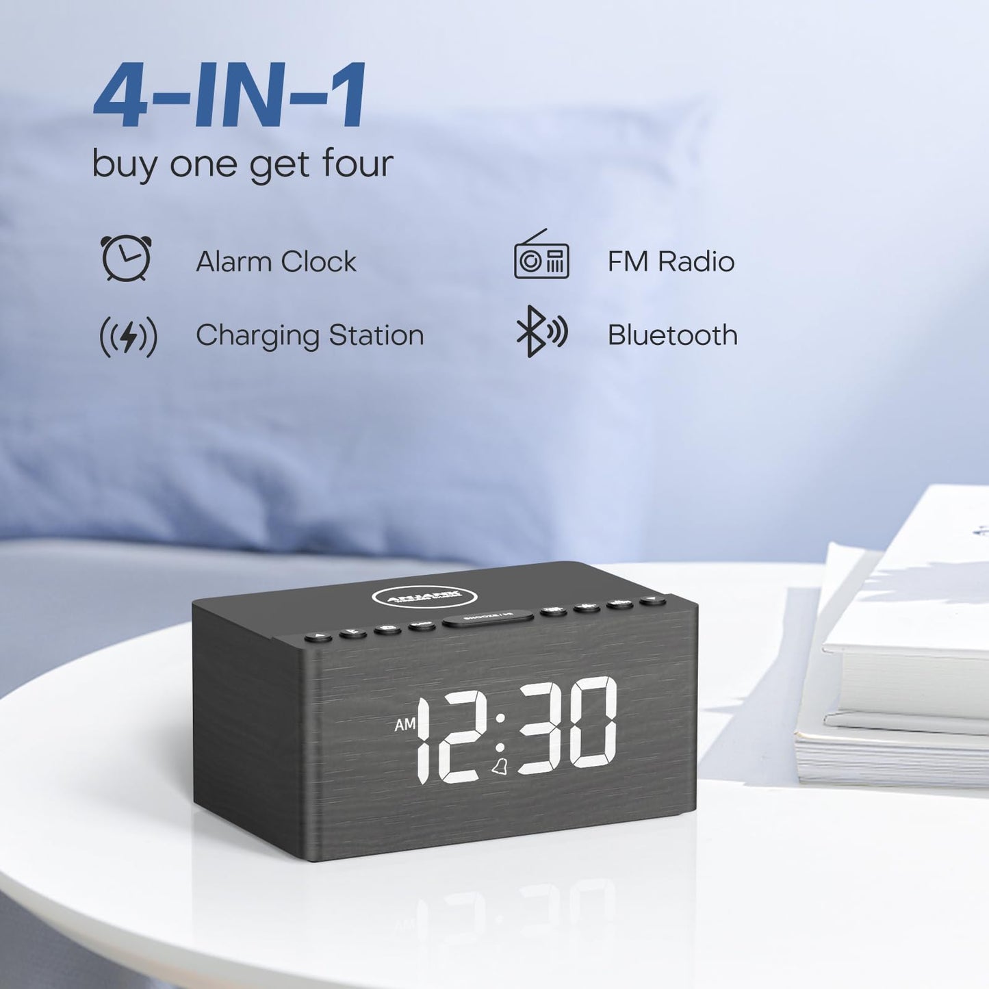 ANJANK Wooden Bluetooth Speaker, Alarm Clock with FM Radio, Qi Certified Fast Wireless Charging Station for iPhone/Samsung, USB Charger Port, Dimmable Display, Digital Wood Clock for Bedroom, Bedside