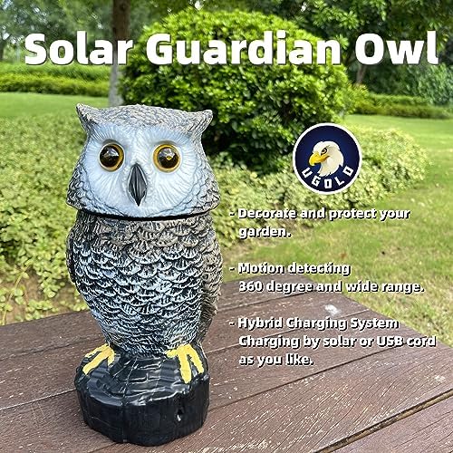 Solar Powered Garden Owl with Motion Detection, Rotating Head, Realistic Hoots and Silent Mode, Outdoor Statue and Sculpture, Owl Decoration for Home, Garden, Patio and Lawn