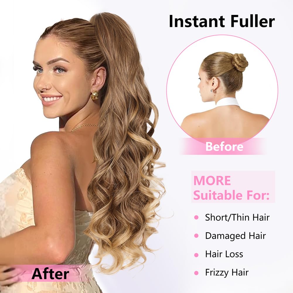 ALXNAN Ponytail Extension,24 Inch Claw Ponytail Hair Extensions for Women，Claw Clip in Long Wavy Synthetic Dark Ash Blonde with Golden Ends Ponytail Extension for Daily Use.