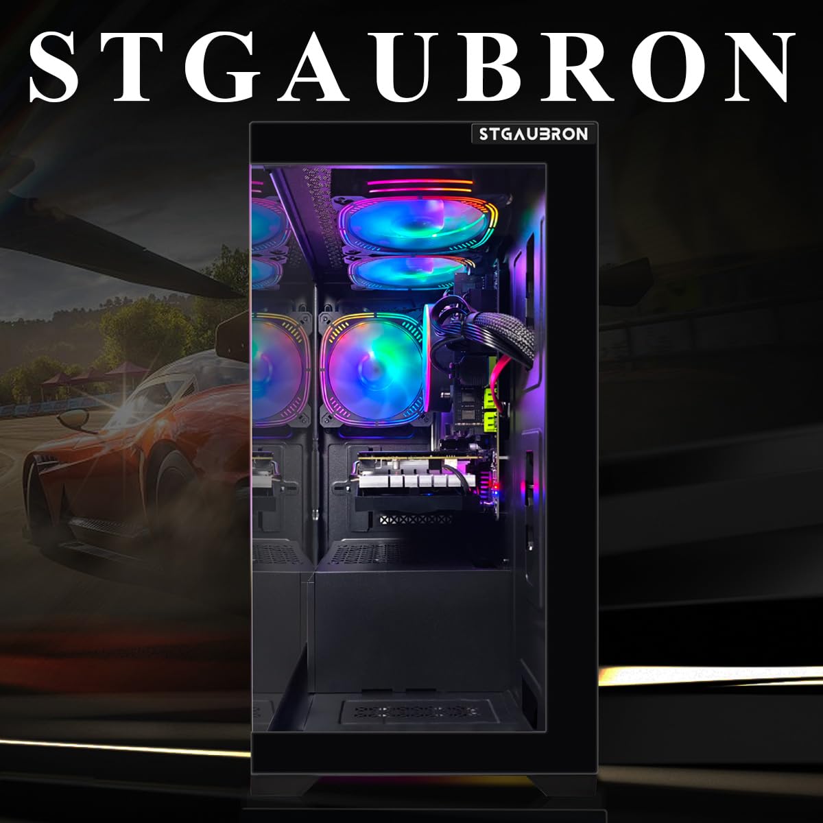 STGAubron Gaming PC Desktop, Radeon RX 580 16G GDDR5, Intel Core i7 up to 3.9G, 16G RAM, 512G SSD, 600M WiFi, BT 5.0, RGB Fan x3, RGB BT Sound Bar, Windows 10 Home