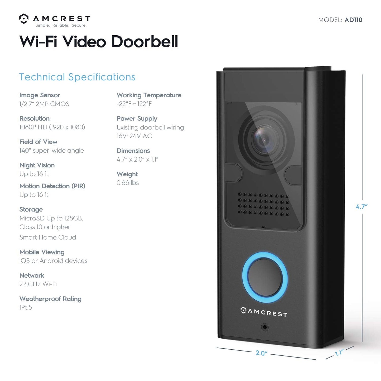Amcrest 1080P Video Doorbell Camera Pro, Outdoor Smart Home 2.4GHz WiFi Doorbell Camera (Wired Power), MicroSD Card, PIR Motion Detect, RTSP, IP55 Weatherproof, 2-Way Audio, 140º Wide-Angle AD110-SH