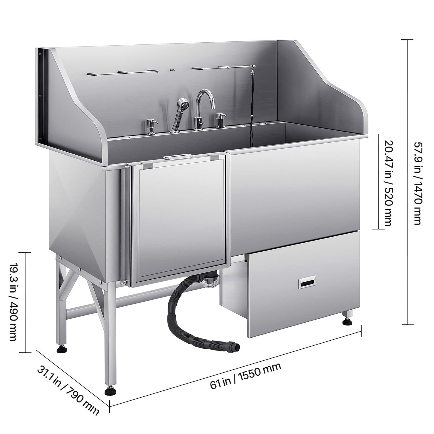Happybuy Stainless Steel Dog Washing Station, 61 - inch Pet Grooming Tub with Ramp, Water Filter Board, Faucet, Showerhead & Leash, Suitable for Large, Medium and Small Pets (Left Door)