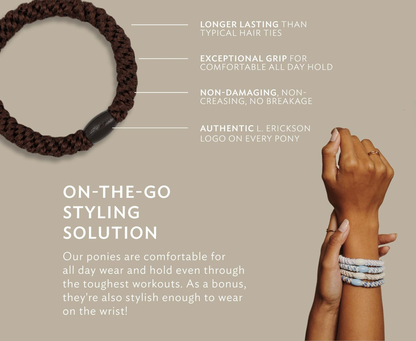 L. Erickson Grab & Go Pony Hair Ties - Neutral - 8 Pack Grab and Go Ponytail Holders - Hair Ties No Damage - Brown White Black Color Hair Bands Hair Accessories for Women