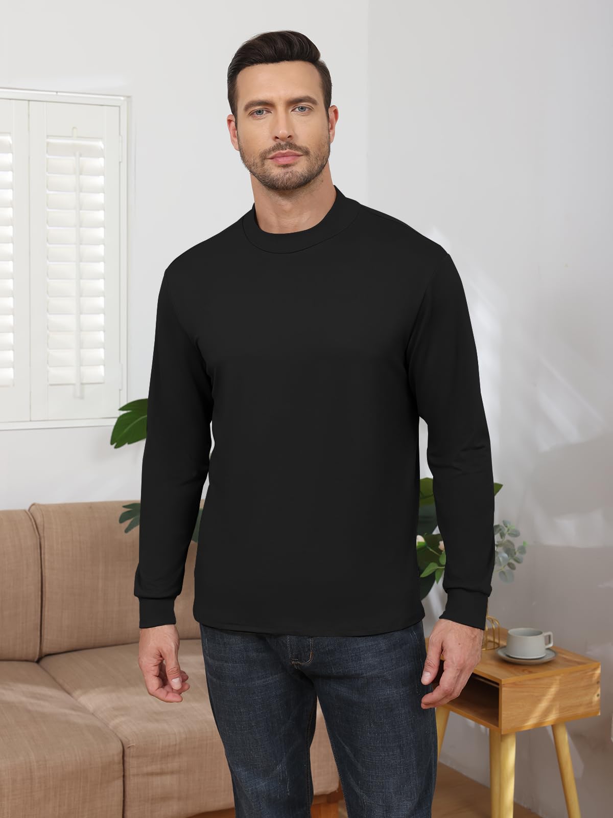 Angbater Mens Mock Turtleneck Long Sleeve Shirts Thermal Underwear Turtle Neck Undershirt Pullover T Shirt Black