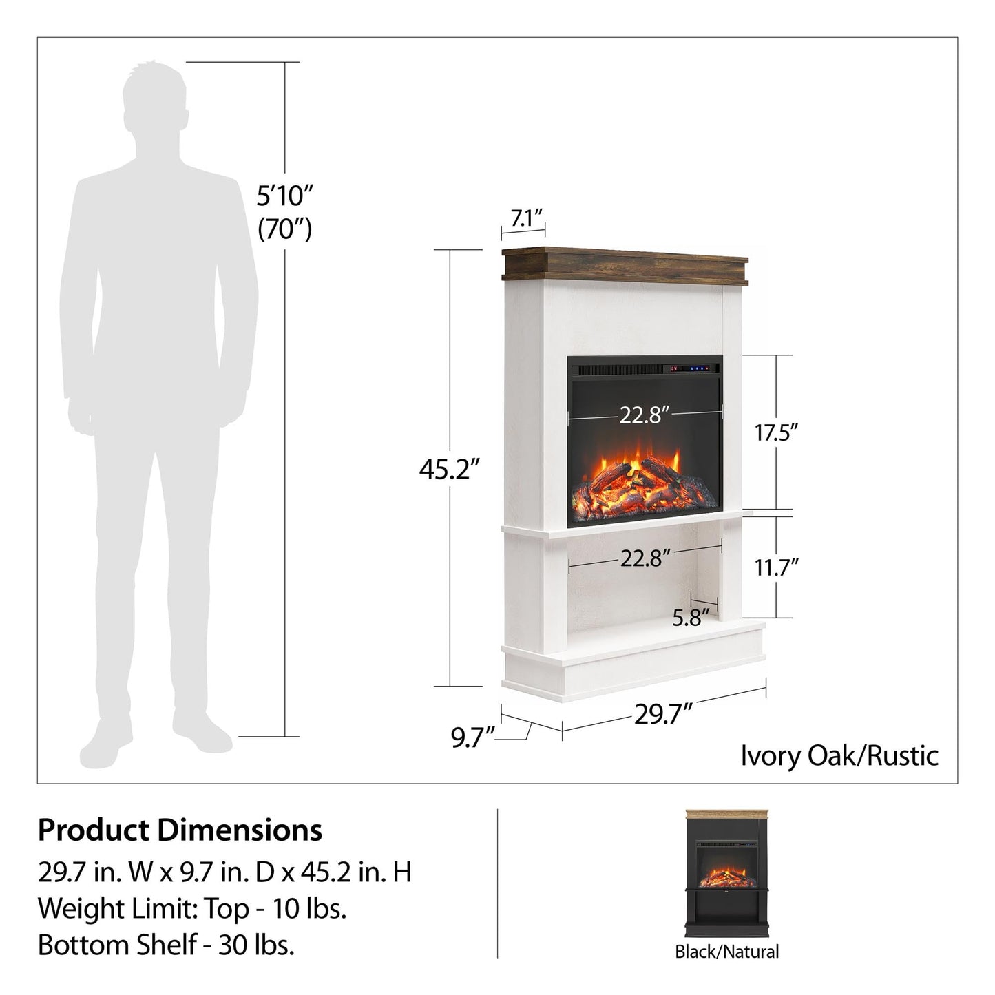 Ameriwood Home Mateo Electric Mantel Fireplace with Open Shelf, Ivory Oak Finish, Eco-Friendly Heating Technology