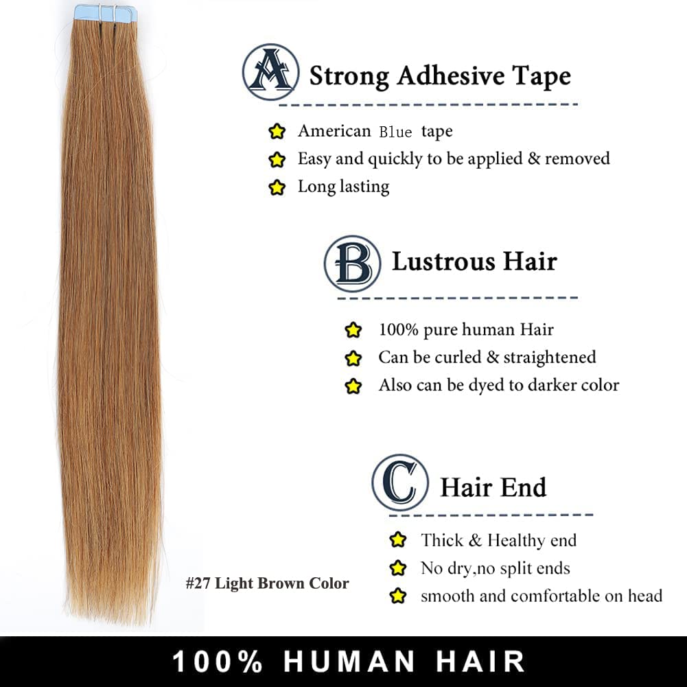 Amella Hair Tape in Hair Extensions Human Hair Silky Straight Remy 24 inches #27 Light Brown Color 20pcs 40g