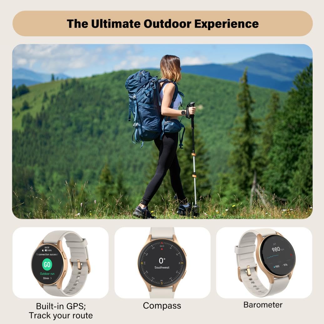 QIPOPC Smart Watch for Women, Built-in Alexa, GPS, HRV, VO2 Max, Blood Oxygen, Sleep & Stress Monitor, Compass, Altimeter, 1.32" AMOLED, Fitness & Women’s Health, iOS Compatible