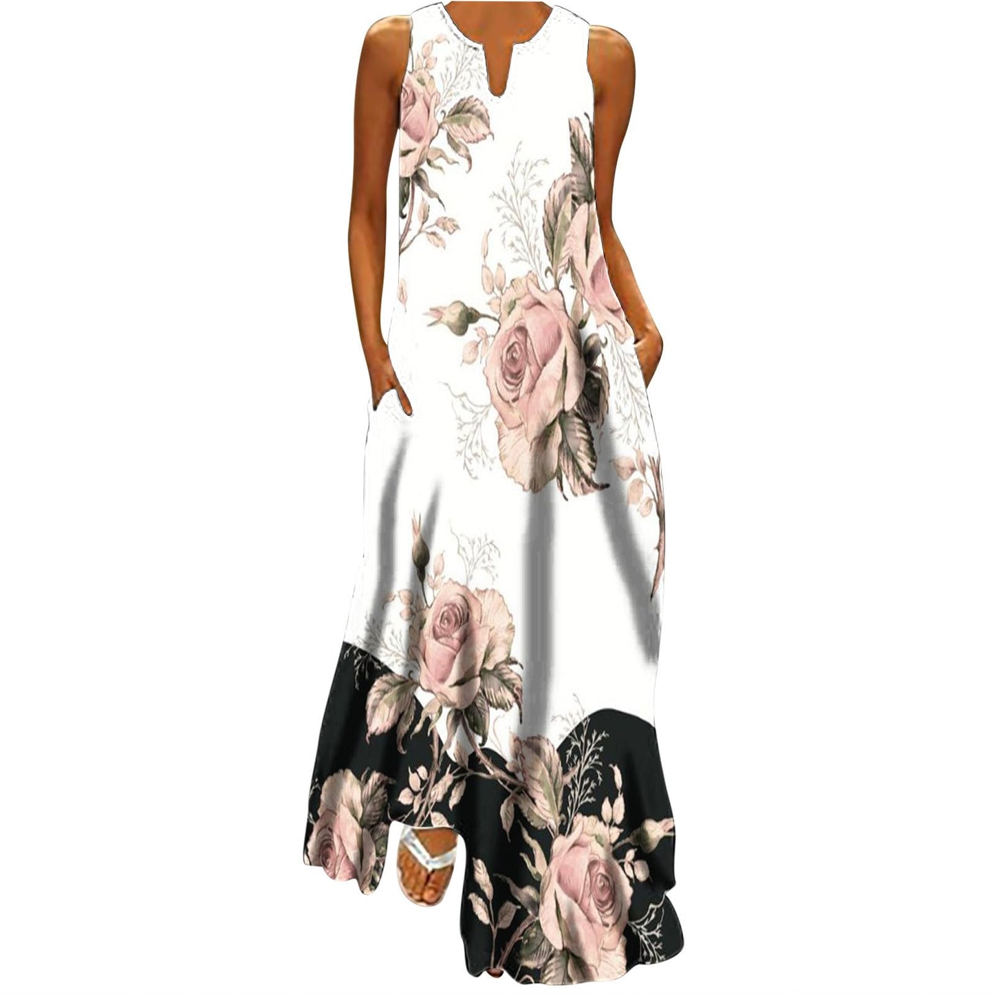 Plus Size Sun Dresses for Curvy Women Maxi Sundress for Women Trendy 2024 Summer Dress Floral Print V Neck Dresses Sleeveless Boho Dress Beach Outfits Womens Sun Dresses 2024