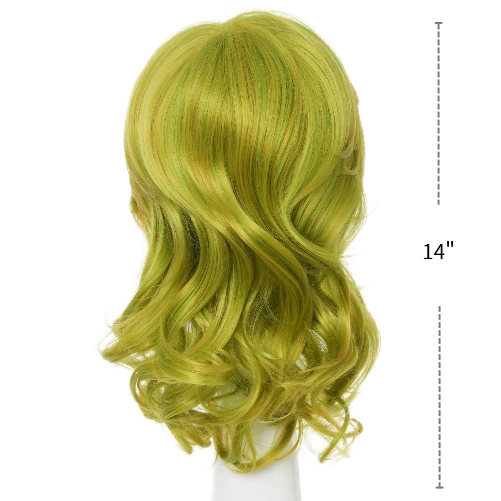 Amnenl Green Wigs for Women Side Part Shoulder Length Wig with Bangs Synthetaic Heat Resistant Cosplay Costume Hair Wig