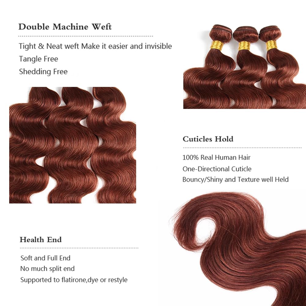 Copper Red Body Wave Bundles Human Hair Color 33 Bundles Human Hair Reddish Borwn Body Wave Bundles Double Weft Brazilian Human Hair Bundles Silky and Soft for Black Women 26 26 26 Inch