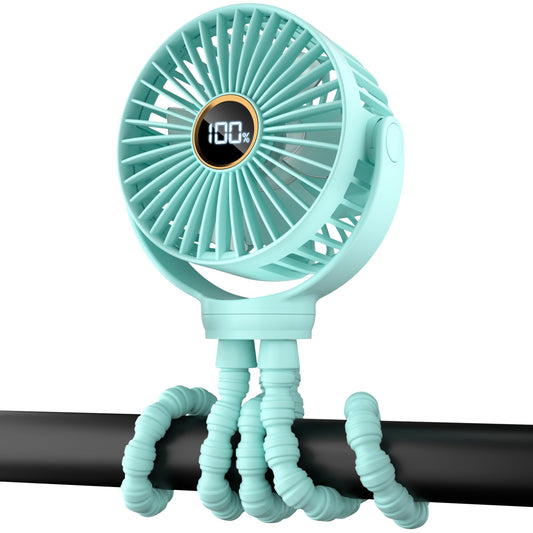 Portable Stroller Mini Fan, Small Rechargeable Personal Cooler w/ 360° Rotation, 3-Speed, Display, Battery Powered Stroller Accessories, Baby Essentials for Car Seat, Crib, Bike, Treadmill, Black