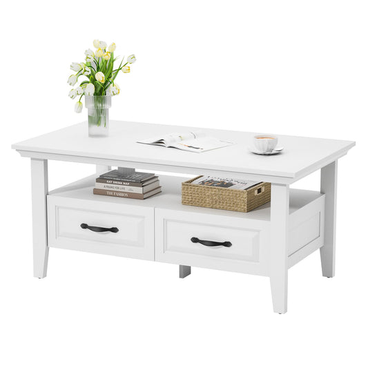 Amada White Coffee Table for Living Room, 39.4" Farmhouse Wood Coffee Table with Storage, Featuring Open Display Shelf, Hidden Drawers, Robotic Vacuum-Friendly, Ideal for Home Office, White