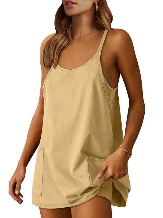 ANRABESS Women Summer Mini Romper Dress Workout Tennis Active Sports Athleisure Outfits built in Shorts Trendy Vacation Light Yellow X-Smal