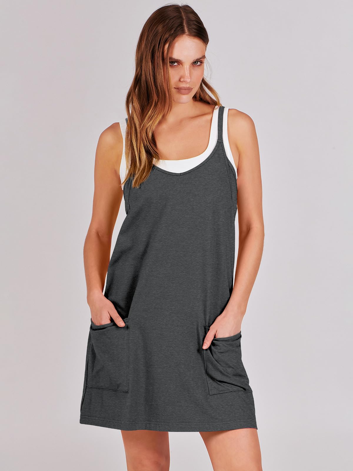 ANRABESS Women Summer Mini Romper Dress Workout Tennis Active Sports Athleisure Outfits built in Shorts Trendy Vacation Deep Gray X-Smal