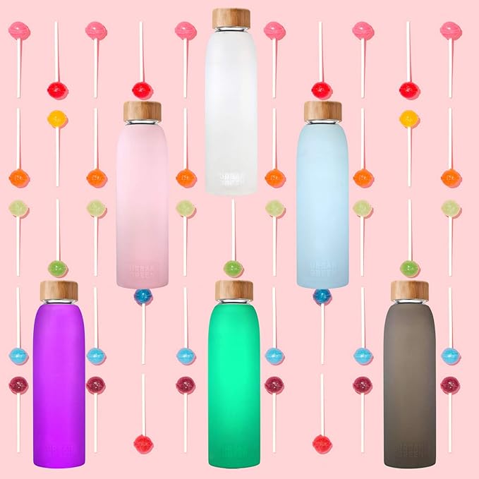 Urban Green Glass Water Bottle with Protective Silicone Sleeve and Bamboo Lid, 18oz, 1extra 304 Stainless Steel Lid with Handle, BPA Free, Dishwasher Safe, Gift Box