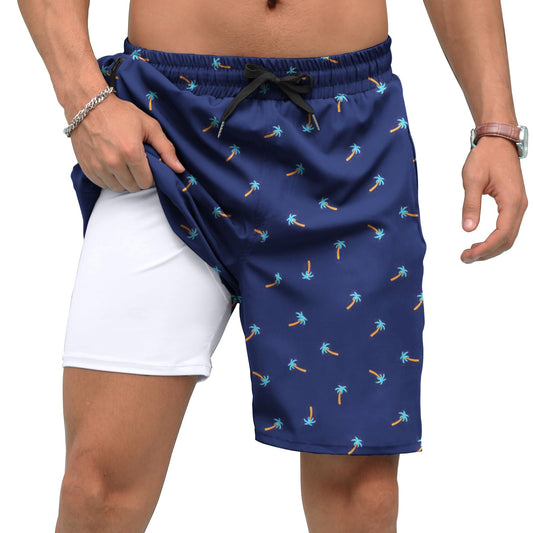 Adisputent Mens Swim Trunks with Compression Liner Quick Dry Swimsuit with Zipper Pockets Bathing Suit Beach Swim Shorts Palm Tree M