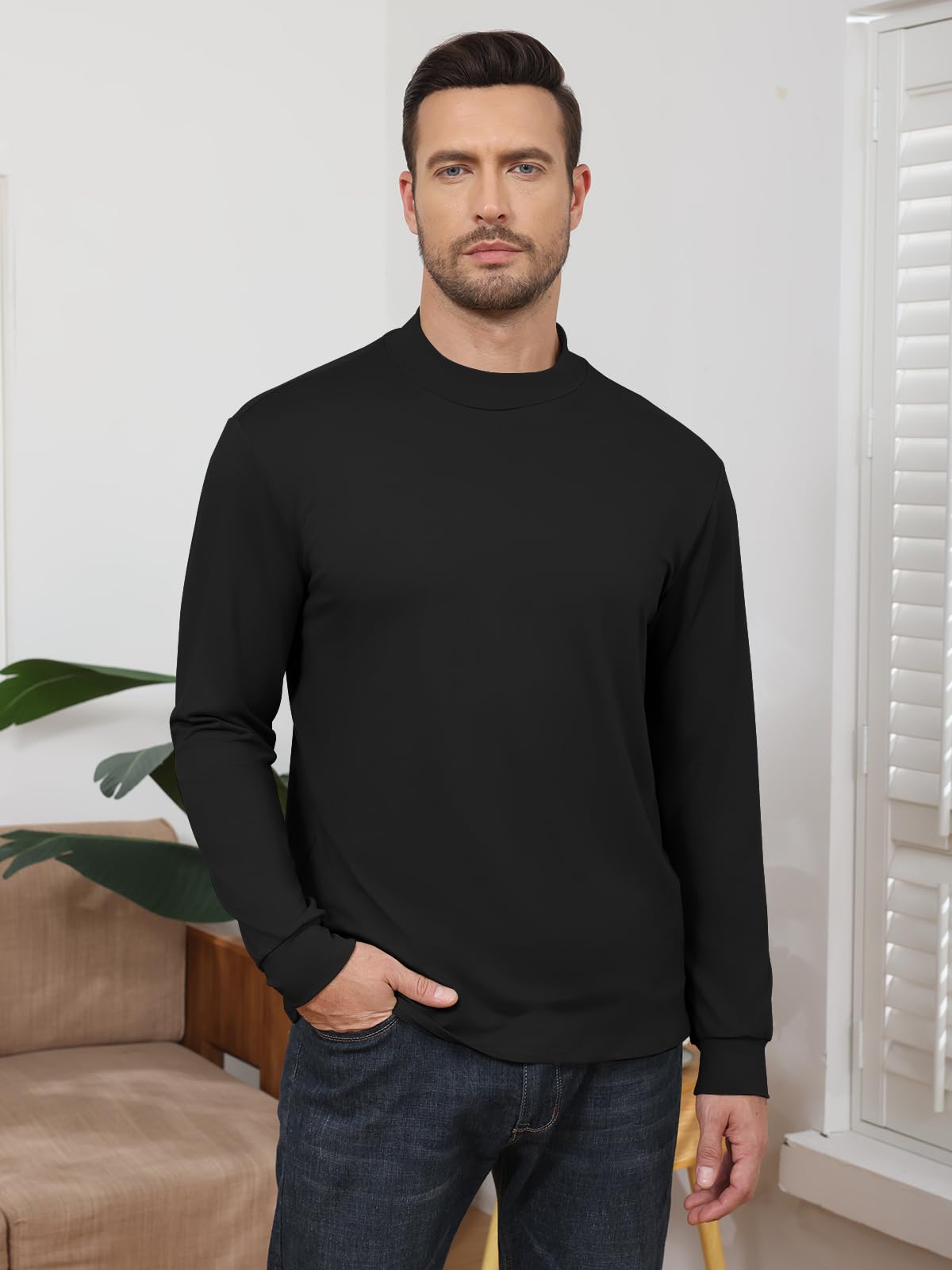 Angbater Mens Mock Turtleneck Long Sleeve Shirts Thermal Underwear Turtle Neck Undershirt Pullover T Shirt Black
