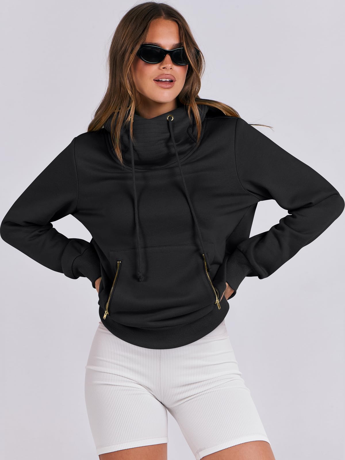 ANRABESS Womens Hoodie Cowl Neck Long Sleeve Sweatshirts 2024 Winter Fashion Pullover With Drawstring Teen Girls Clothes Black Small