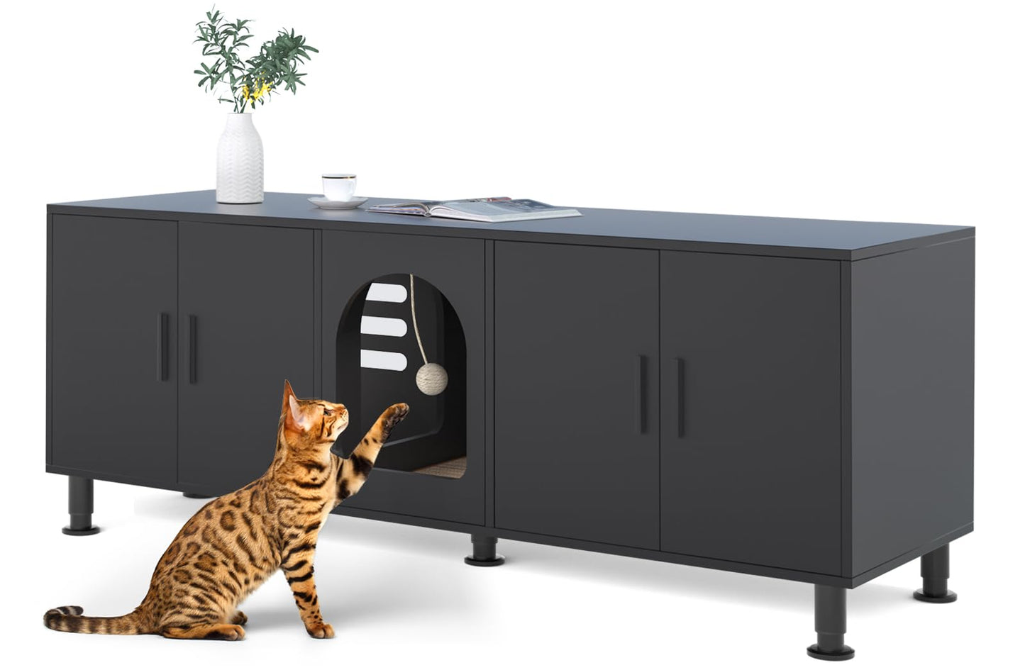 Amunrbrek Double Litter Box Enclosure, Litter Box Enclosure for 2 Litter Boxes, Modern Litter Box Furniture for 2 Cats, with Cat Door & Motion Light (Black)