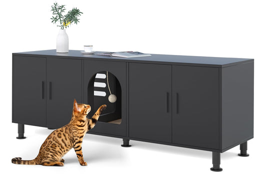 Amunrbrek Double Litter Box Enclosure, Litter Box Enclosure for 2 Litter Boxes, Modern Litter Box Furniture for 2 Cats, with Cat Door & Motion Light (Black)