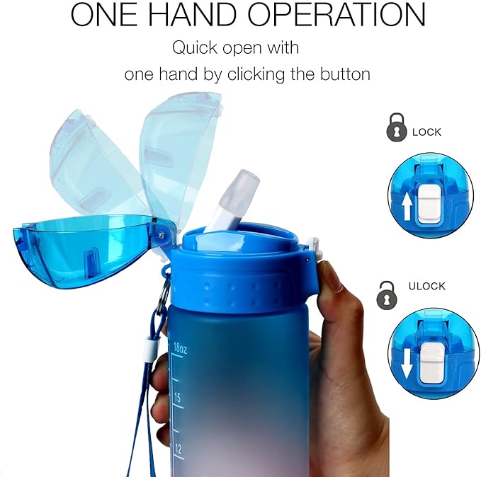 XACIOA Water Bottle with Straw,18oz Plastic Cup with Motivational Time Marker,1L Tritan Sport Lightweight Leakproof BPA-Free,Wide Mouth Fast Flow Ensure You Have Times to Drink,with Straw & Cup Brush