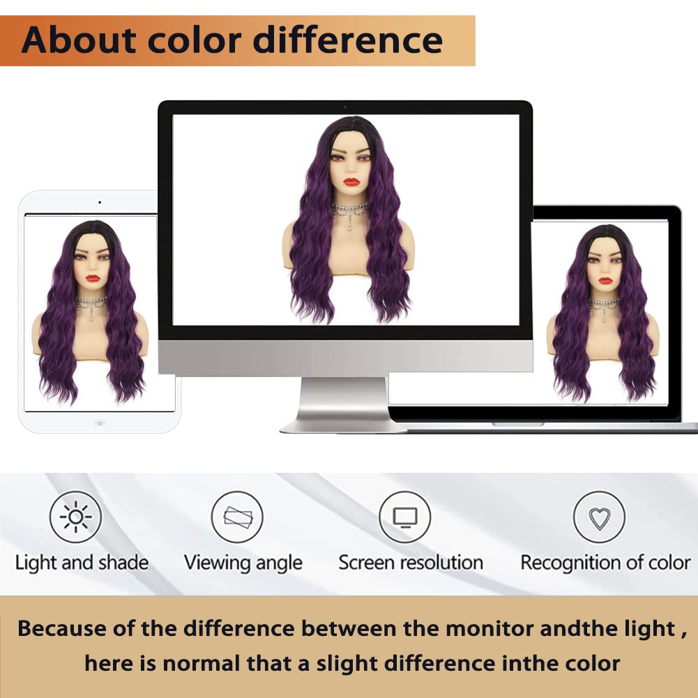 Amnenl Ombre Purple Curly Women Wigs Long Wave Dark Roots Middle Part Synthetic Wigs for Halloween Cosplay Wig