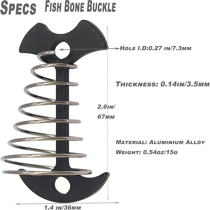 8 pcs Aluminium Alloy 2.6 inch Fishbone Tent Stakes Deck Anchor Pegs with Spring Rope Buckle Hook Cord Adjuster Tensioner Kit for Camping on Wood Platform Black