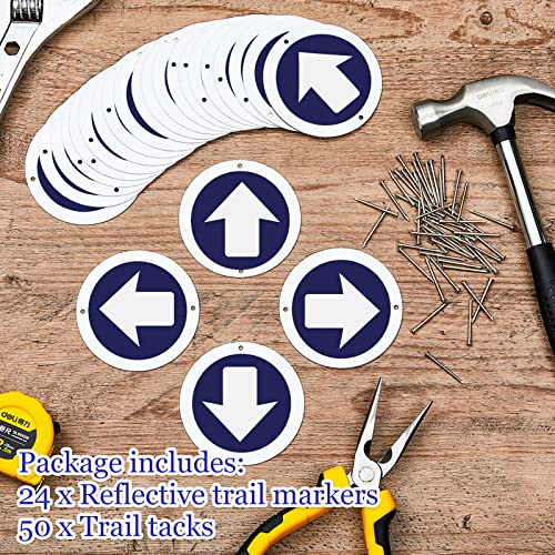 Amylove 24 Pieces Bright Reflective Trail Markers Round Bin Marker with Reflective Tacks Aluminum Signs Thumb Tacks for Hunting Hiking Camping and More (Blue)