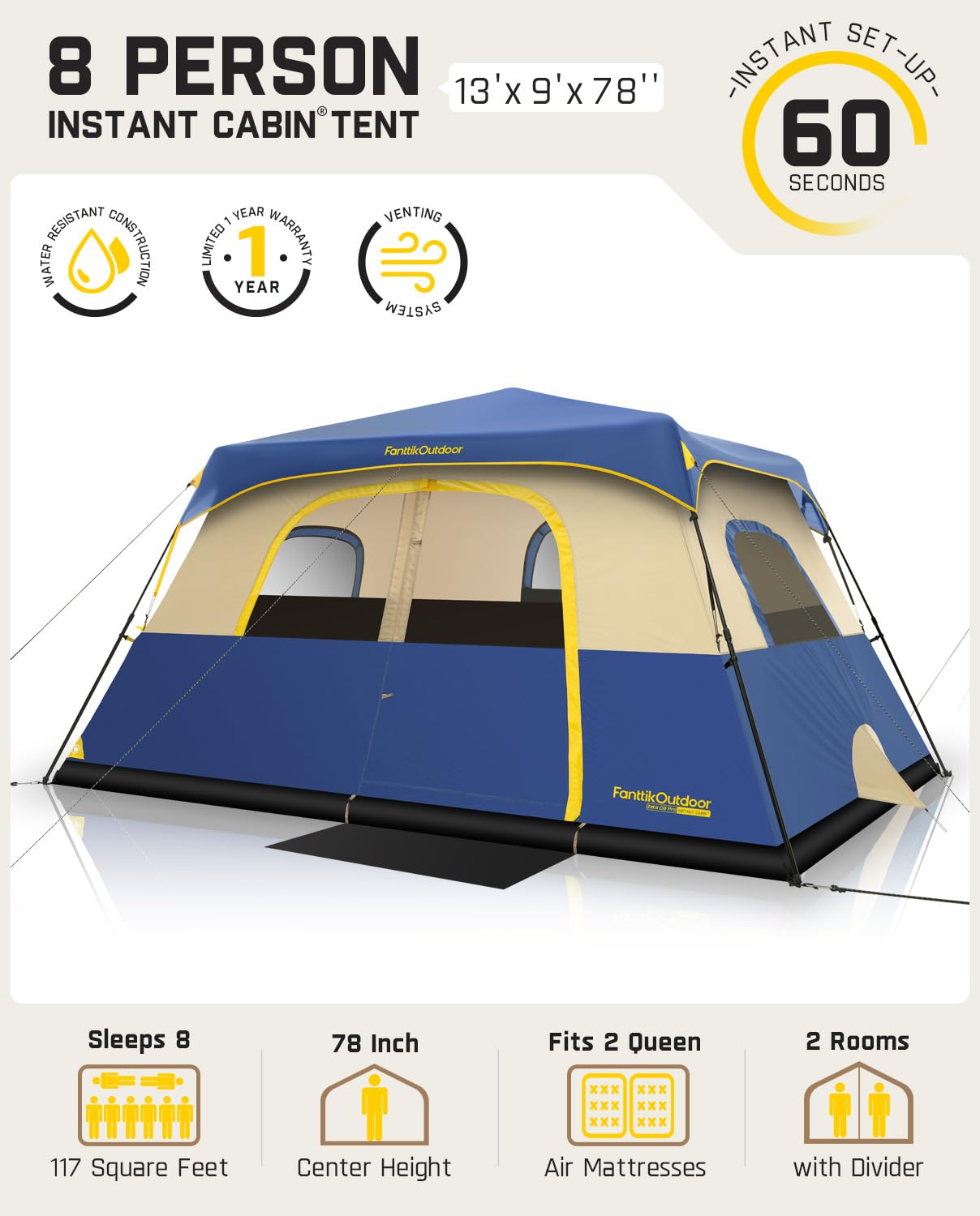 FanttikOutdoor Zeta C8 Pro Camping Tent 8 Person Instant Cabin Tent Setup in 60 Seconds with Rainfly & Windproof Portable with Carry Bag for Family Camping & Hiking, Upgraded Ventilation, Navy Blue