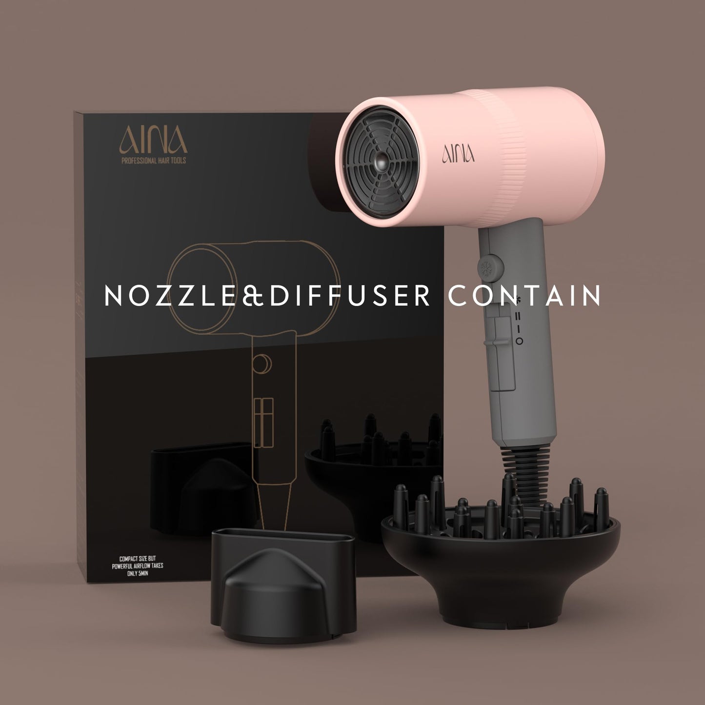 AINA Hair Dryer with Diffuser, Blow Dryer for Women | Advanced Ionic Technology, Ceramic Coating | Cold Shot Features Turbo Heat for Fast Drying and Shine(Misty Blush)