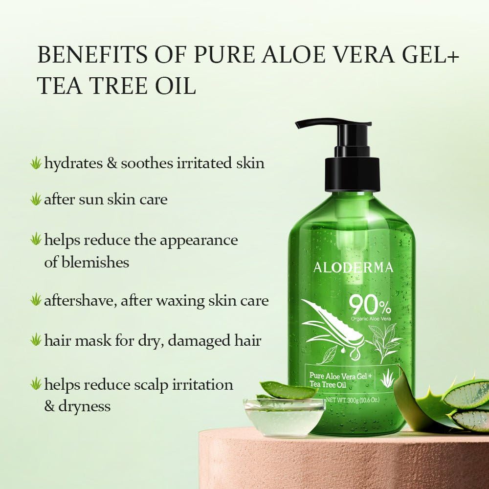Aloderma Organic Aloe Vera Gel for Skin + Tea Tree Oil, Made within 12 Hours of Harvest, Soothing Pure Aloe Vera Gel for Face, Works Great for Scalp & Aftershave, All Natural Aloe Gel - 300ml x 2btls