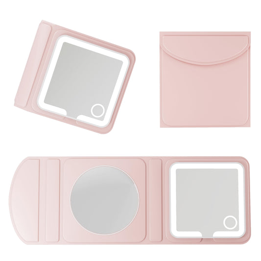 Amysmart Dual-Fold Makeup Mirror with Lights - 10X/5X Magnifying Mirror with Light, Dimmable Handheld Mirror, Compact Mirror, Rechargeable Travel Mirror for Purse & Pocket Use (Pink Dual-Fold)