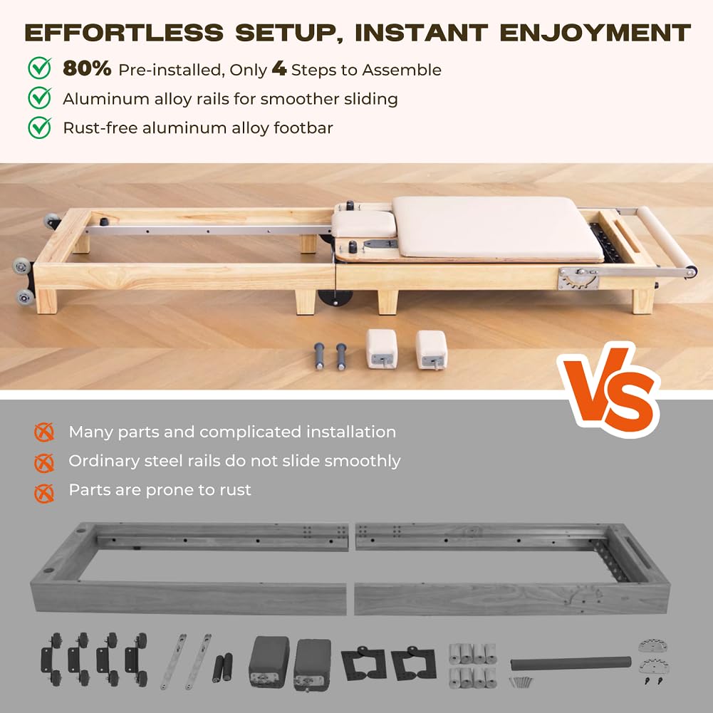 LeisureKing Pilates Reformer Machine, Quick-Assembly Foldable Studio Grade Pilates Equipment for Gym and Home, Oak Wood Pilates Reformer with Reformer Accessories