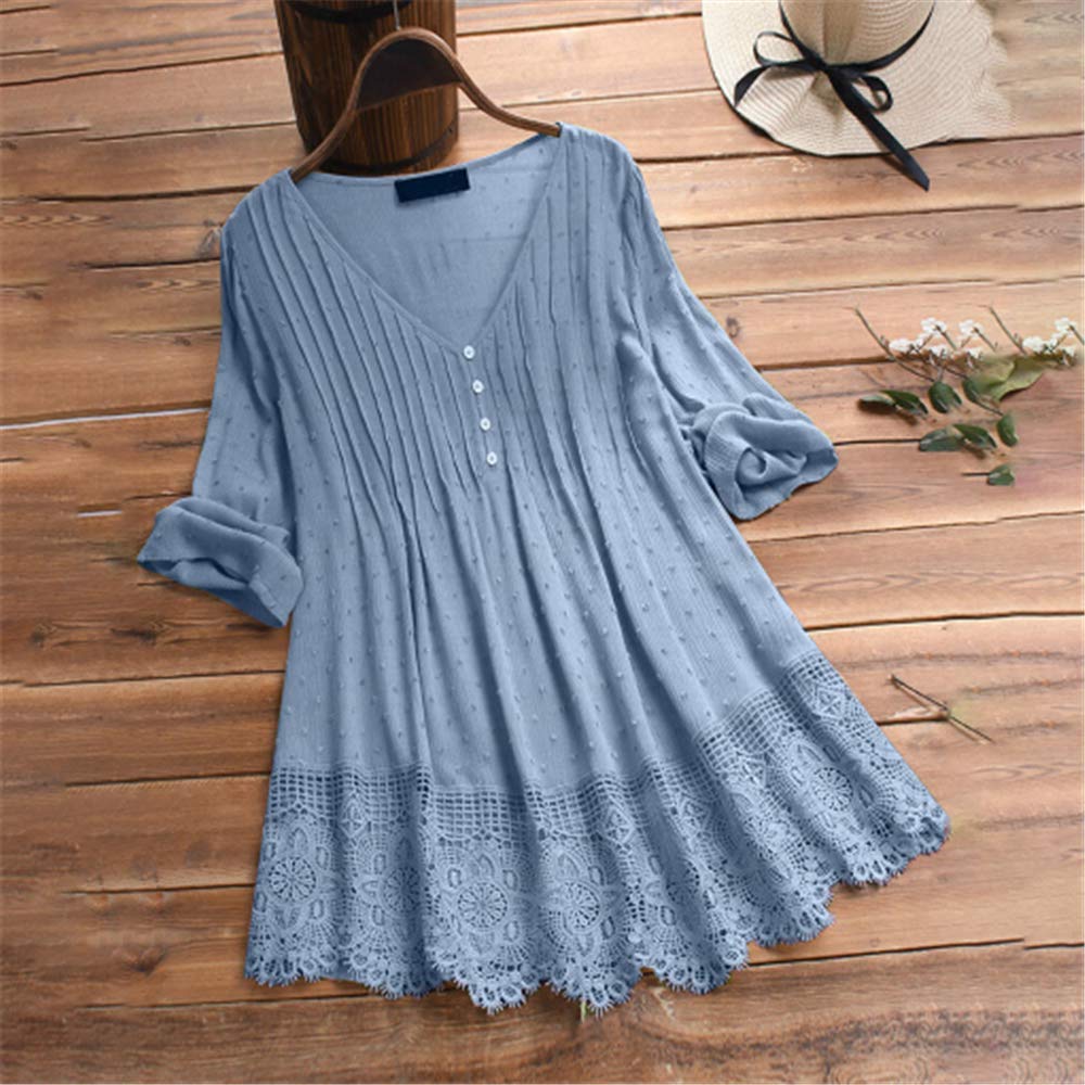 Aniywn Women Round Neck Lace Up Lace Patchwork Flare Pullover Top Casual Plus Size 3/4 Sleeve Floral Printed T-Shirt