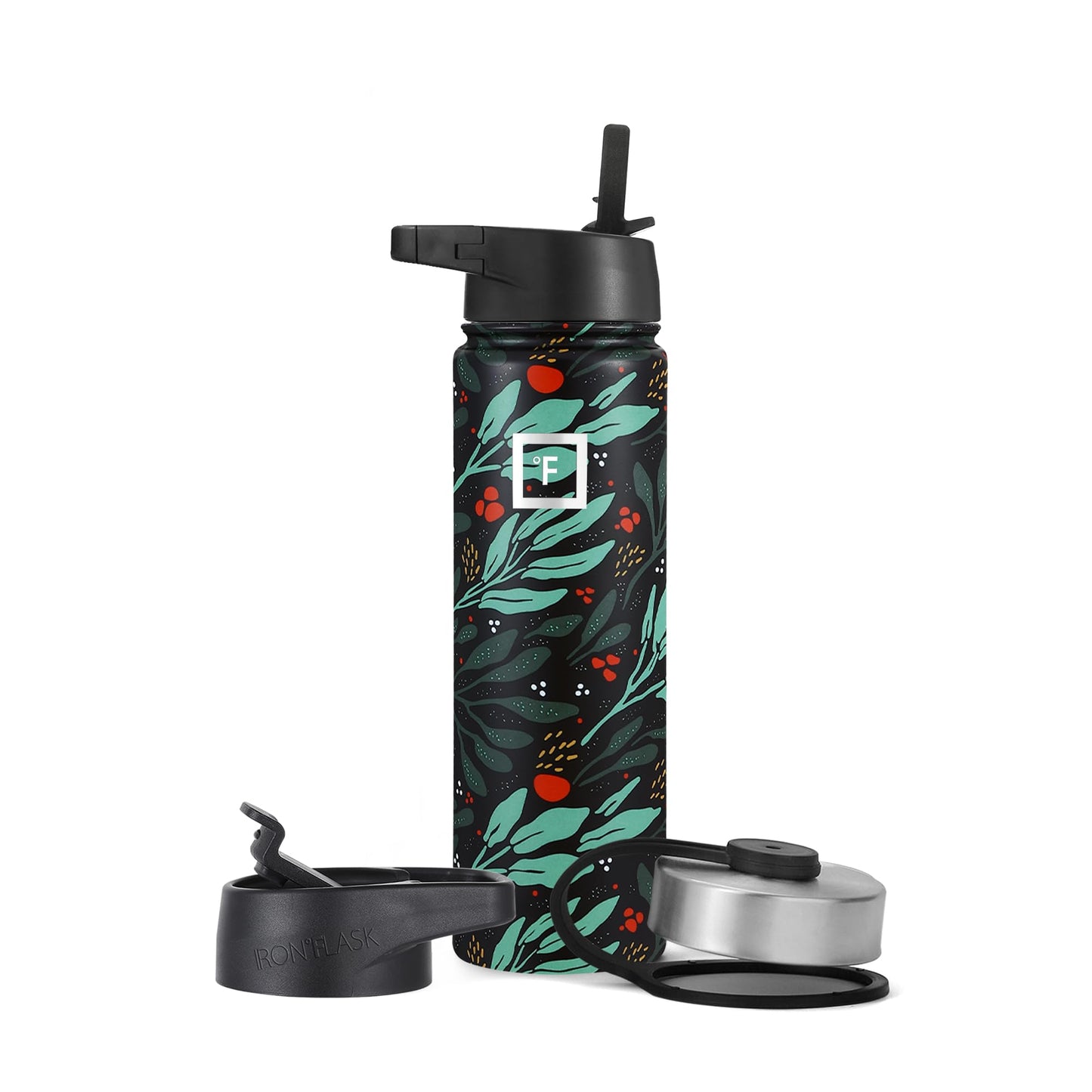 IRON °FLASK Sports Water Bottle - Wide Mouth with 3 Straw Lids - Stainless Steel Gym & Outdoor Bottles for Men, Women & Kids - Double Walled, Insulated Thermos, Metal Canteen - Lush Leaf, 22 Oz