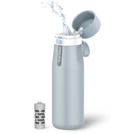 PHILIPS Water Bottle with Filter, Filter Water Bottle Stainless Steel with GoZero Everyday BPA-Free Tap Water Filter, Water Filter Bottle Keep Drink Cold 24 Hours, 1 Filter for 40 gal / 2 Months