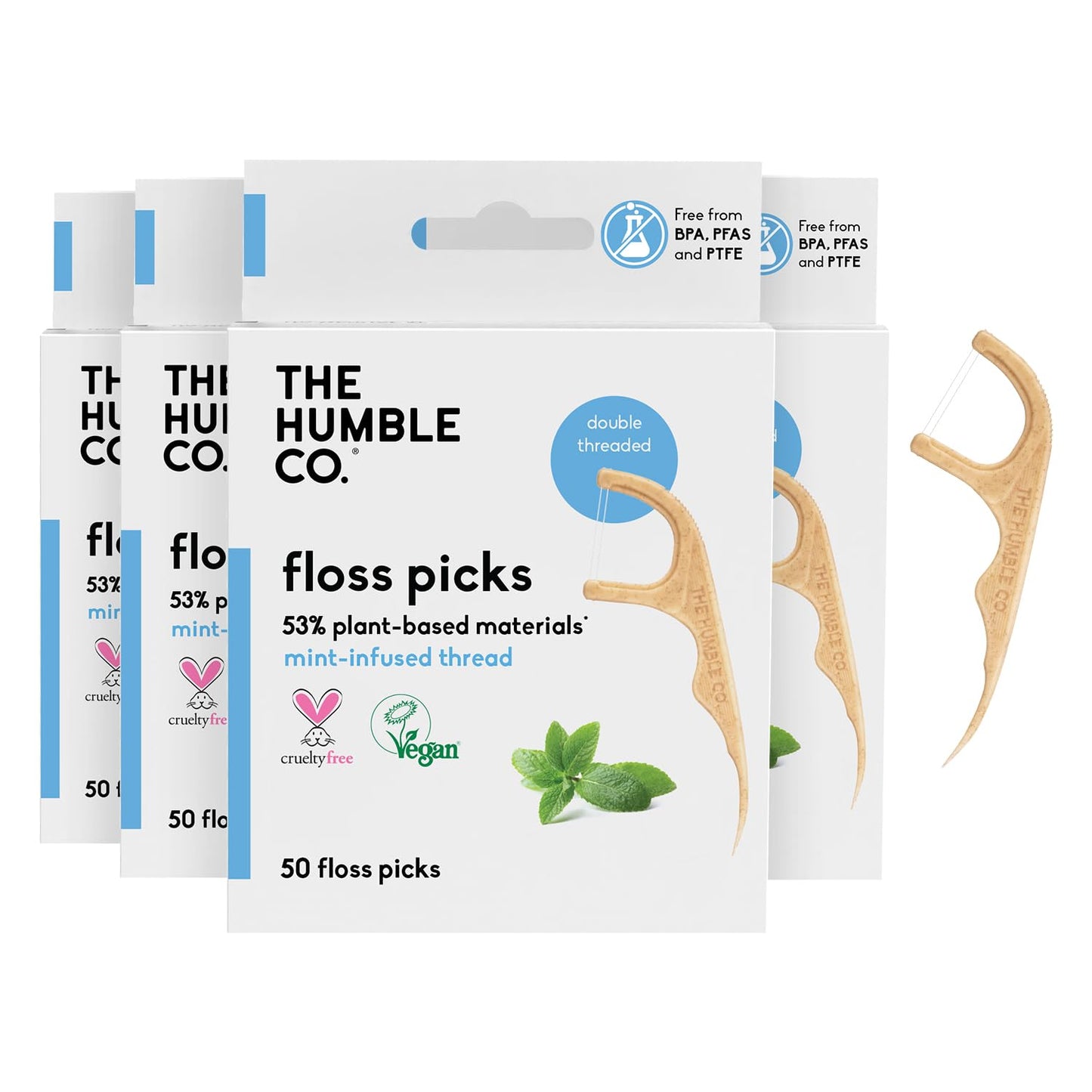 The Humble Co. Floss Picks (200 Count) – Plant Based Dental Floss Picks for Superior Oral Care, Dental Hygiene, and Gum Health, Cruelty Free Tooth Floss Picks (Mint, Double Thread)