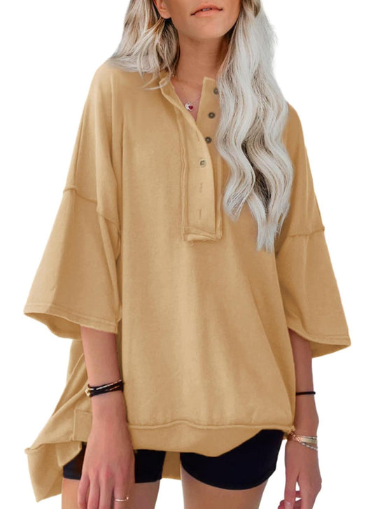 AlvaQ Women Short Sleeve Sweatshirt Summer Henley Neck Tops Casual Loose Basic Tee Shirts 2024 Trendy Clothes Tunic Blouse Apricot Large