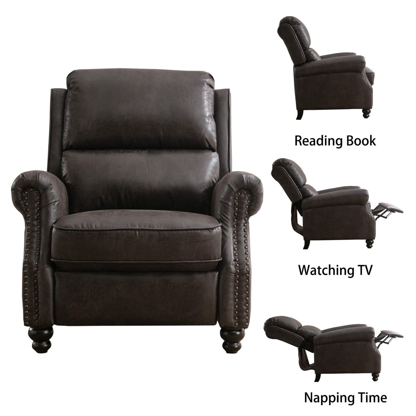 CANMOV Pushback Recliner Chair Faux Leather Armchair Push Back Recliner with Rivet Decoration Single Sofa Accent Chair for Living Room, Dark Grey