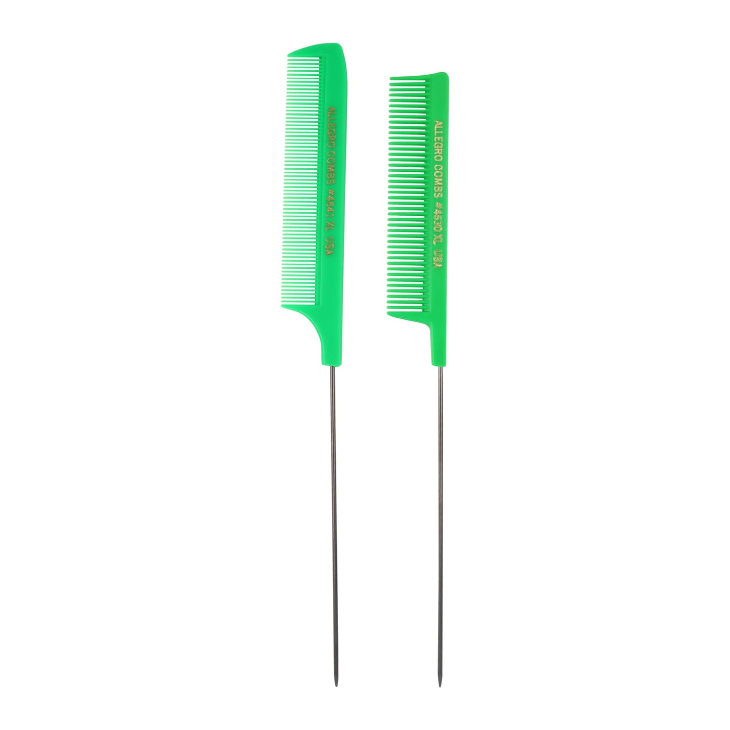 Allegro Combs XL Pintail Rat Tail Combs Parting Combs Metal Tail Foiling Combs Pin Combs Stitch Braids Combs2 Pc. (Neon Green)