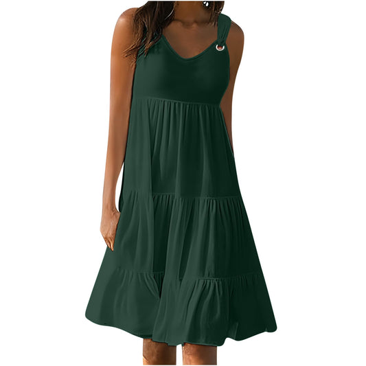 Anjikang cheap womens clothes Summer Dresses for Women 𝟮𝟬𝟮𝟰 Sleeveless Beach Tank Dresses Tiered Ruffle Swing Dress Casual Solid Color Dresses, Large