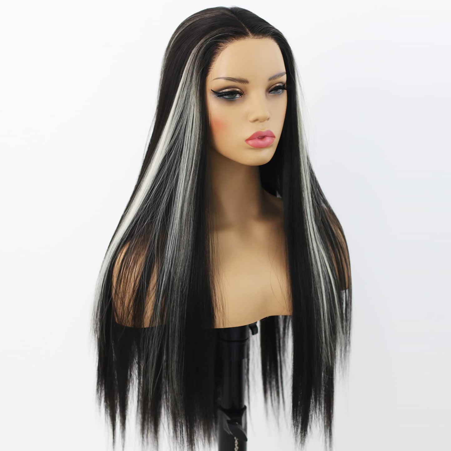 ANDRIA Lace Front Wigs Straight Hair Glueless Synthetic Long Silk Natural Wig Heat Resistant Fiber Black and White Skunk Stripe Colorful With Baby For Women 24 Inches