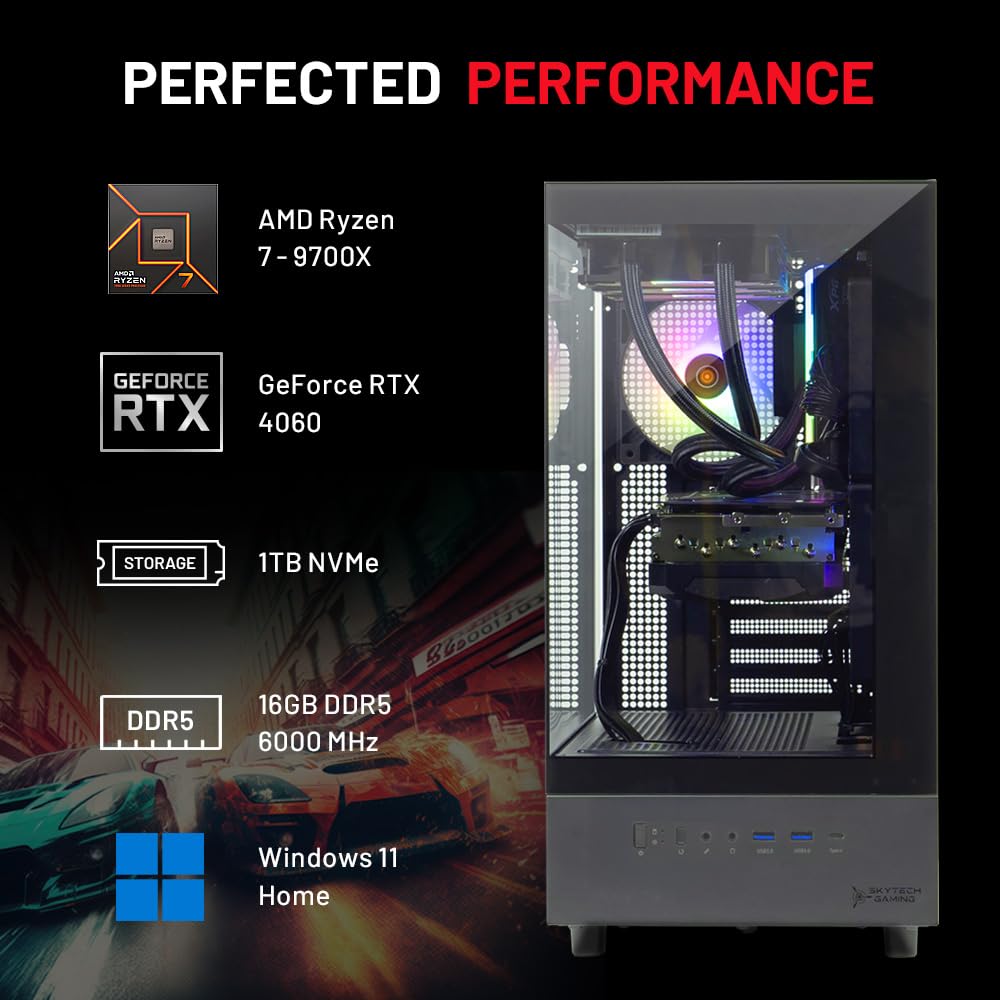 Skytech Azure Gaming PC Desktop, Ryzen 7 9700X 3.8 GHz (5.5GHz Turbo Boost), NVIDIA RTX 4060 8GB GDDR6, 1TB SSD, 16GB DDR5 RAM 6000, 650W Gold PSU, 360mm ARGB AIO, Wi-Fi, Win 11 Home