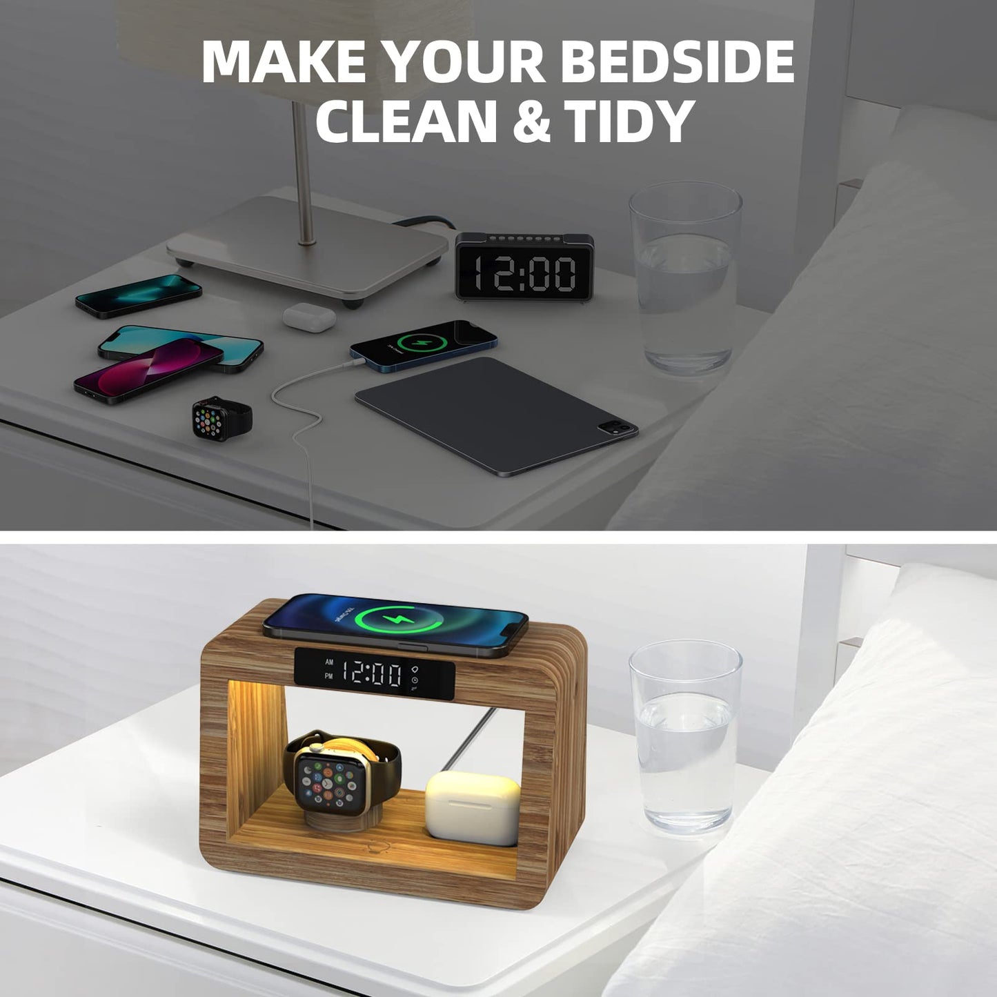 Alltripal Wireless Charging Station with Clock, Desk Lamp 15W Fast Wireless Charger Night Light with 3 Color, Bamboo Wireless Charging Station Dock for iPhone/AirPod/iWatch, Gifts for Women Men