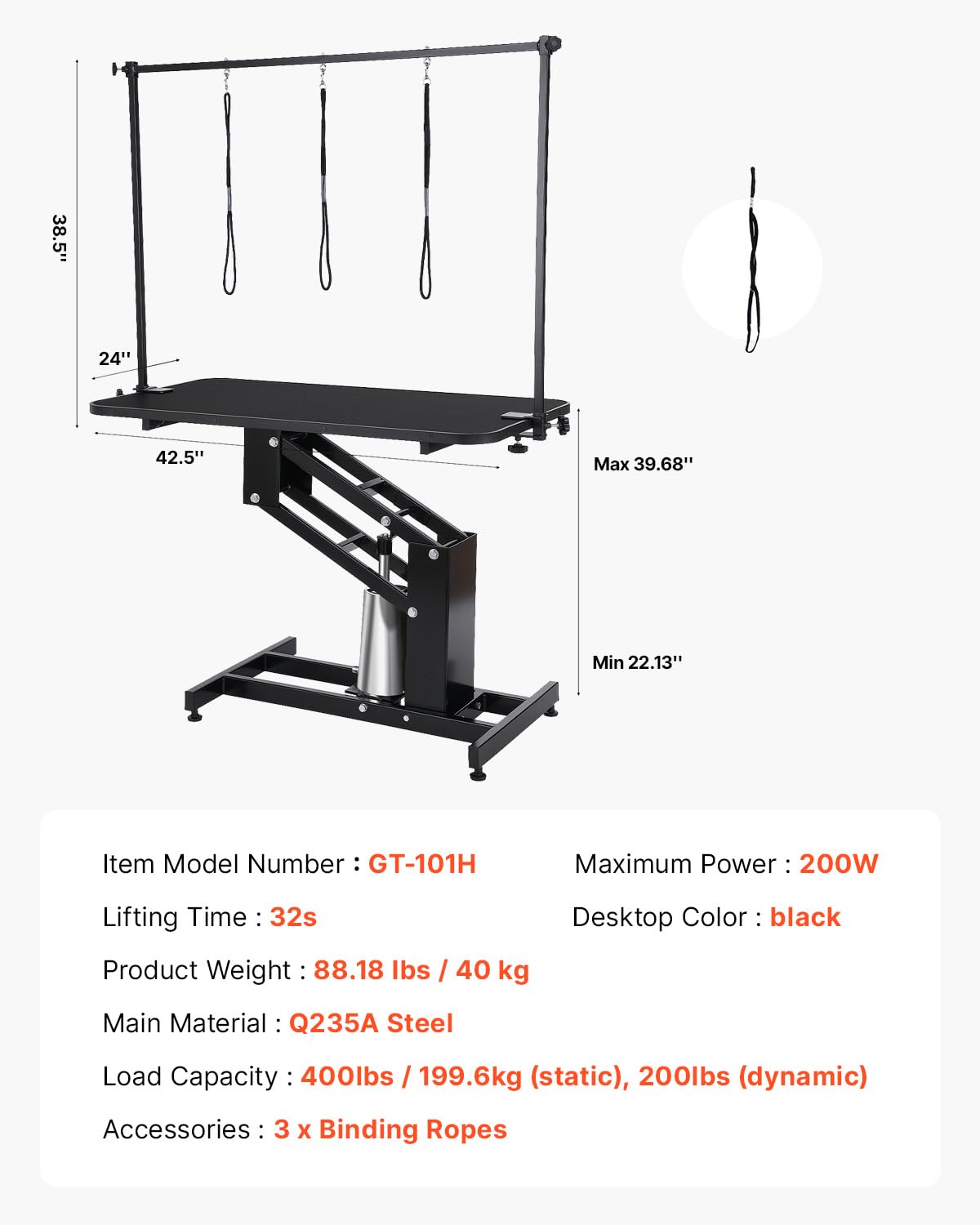 VEVOR Hydraulic Pet Grooming Table, 400LBS Static Load Capacity, 42.5 x 24 Inch Dog Grooming Station with Anti-Slip Tabletop and Dual Height Adjustable Arms with Clamps, for Medium and Small Dogs