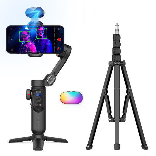 AOCHUAN 3-Axis Gimbal Stabilizer for Smartphone Smart AI XPro Black & T20 Complete Tripod & P03 RGB Magnetic Fill Light