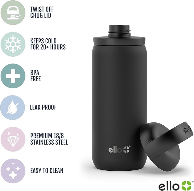 Ello Cooper Twist 18oz Kids Stainless Steel Water Bottle with Chug Lid | Leak Proof Double Walled and Vacuum Insulated | Fits Car Cupholder | Built in Carry Loop | Dishwasher Safe | White