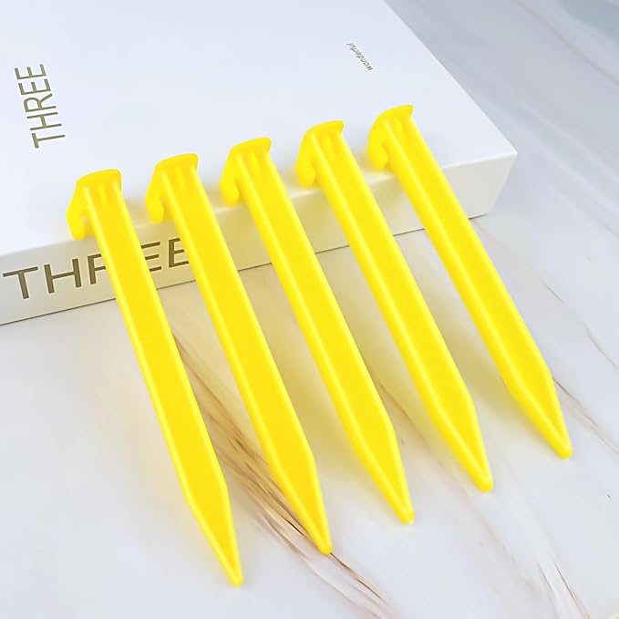 10 Pack Plastic Tent Stakes Heavy Duty Beach Tent Pegs Canopy Stakes for Camping Gardening Backpacking Tent Pegs Spike Hook for Outdoor Garden Decorations Lawn Tarp Sand Stakes for Beach (Yellow)