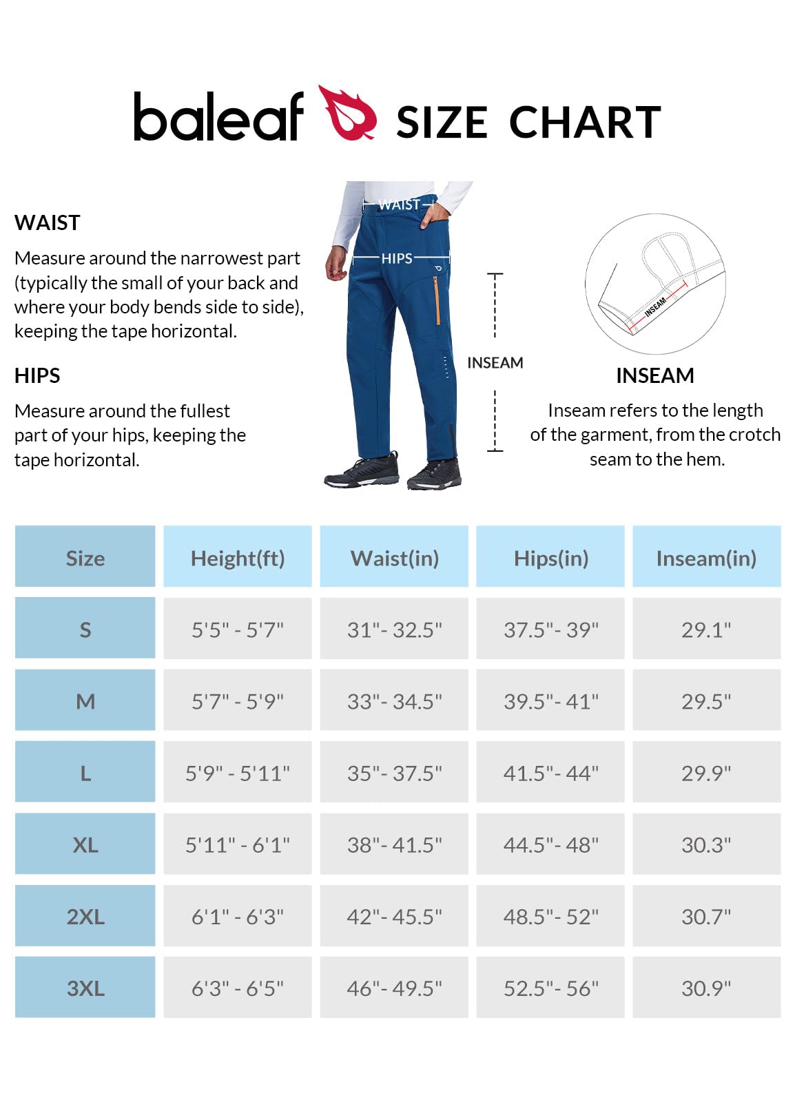 BALEAF Men's Winter Cycling Pants Thermal Mountain Bike Pants Water Resistant Cold Weather Hiking Running Bicycle Outdoor Blue 2XL